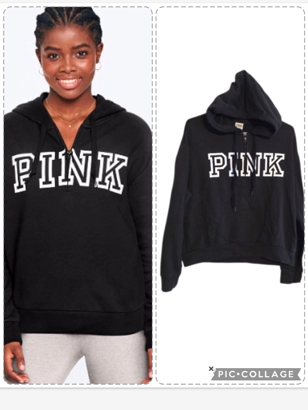 PINK Victoria's Secret 1/4 Zip Quarter Zip Black Logo Hoodie Sweatshirt